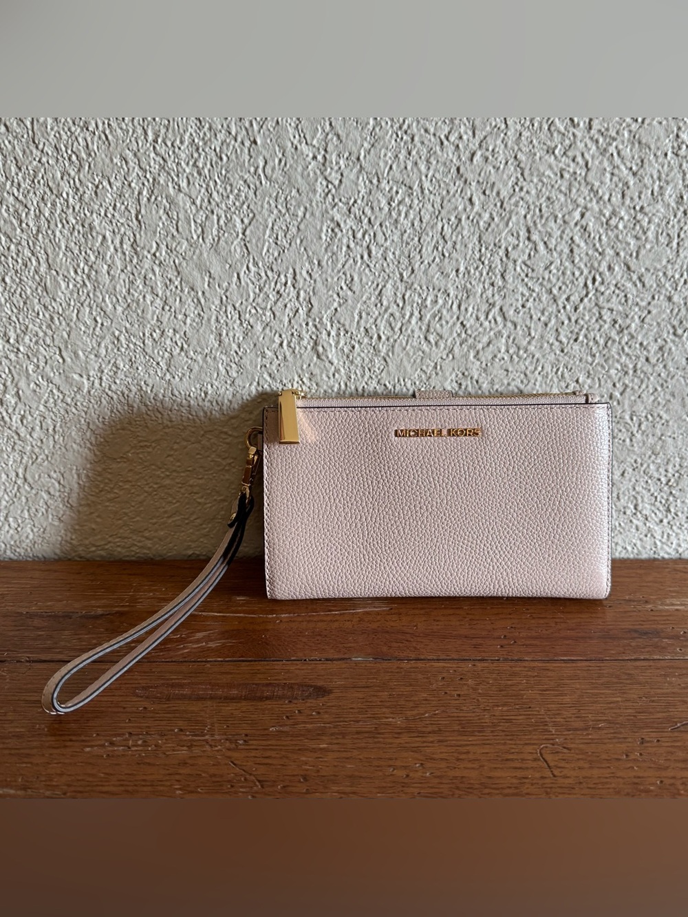Michael Kors Jet Set Double Zip Wristlet Phone Wallet Pearl Grey Leather